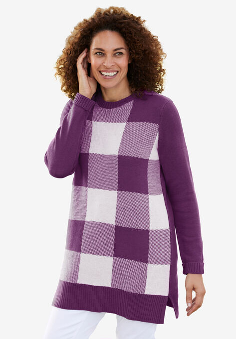 Buffalo Plaid Pullover Sweater, PLUM PURPLE BUFFALO PLAID, hi-res image number null