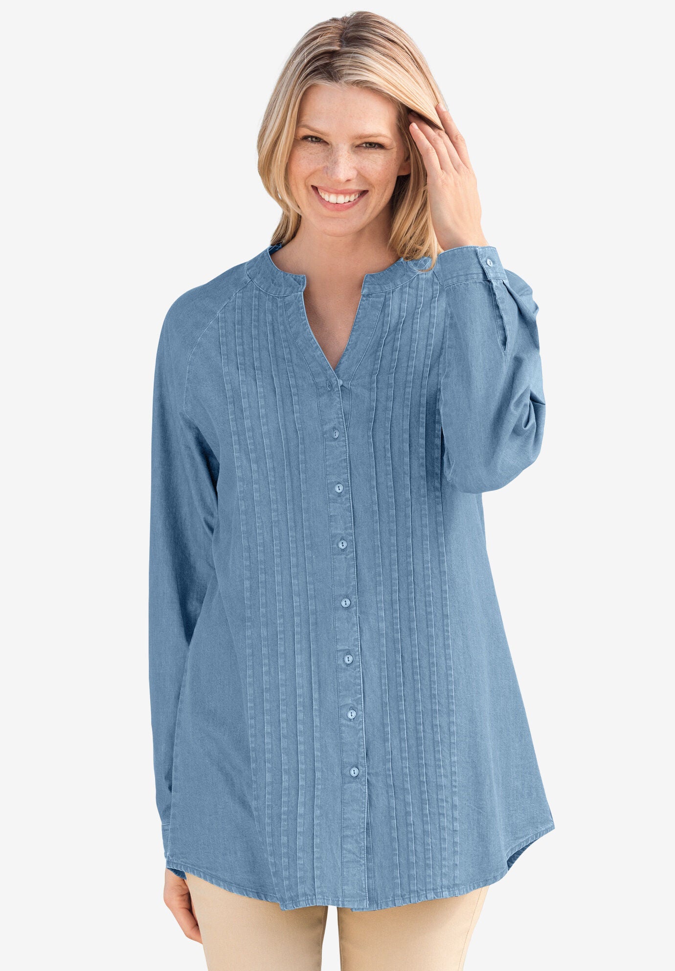 Denim Notch-Neck Pintuck Button-Front Tunic, LIGHT STONEWASH, hi-res image number 0