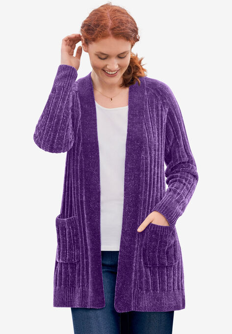 Open Front Chenille Cardigan, RADIANT PURPLE, hi-res image number null