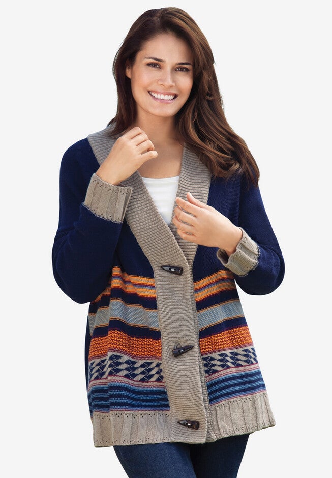 Aztec Print Cardigan, NAVY JACQUARD, hi-res image number null