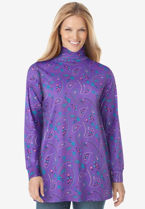 Perfect Printed Long-Sleeve Turtleneck Tee, PETAL PURPLE FLORAL PAISLEY, hi-res image number null