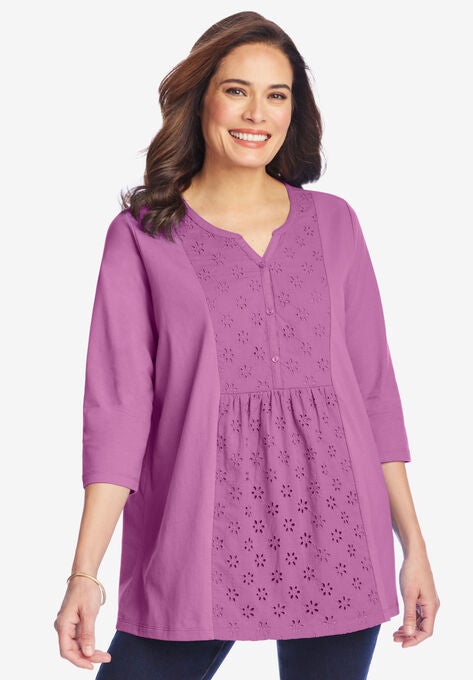 Three-Quarter Sleeve Eyelet Notch-Neck Tee, PRETTY ORCHID, hi-res image number null