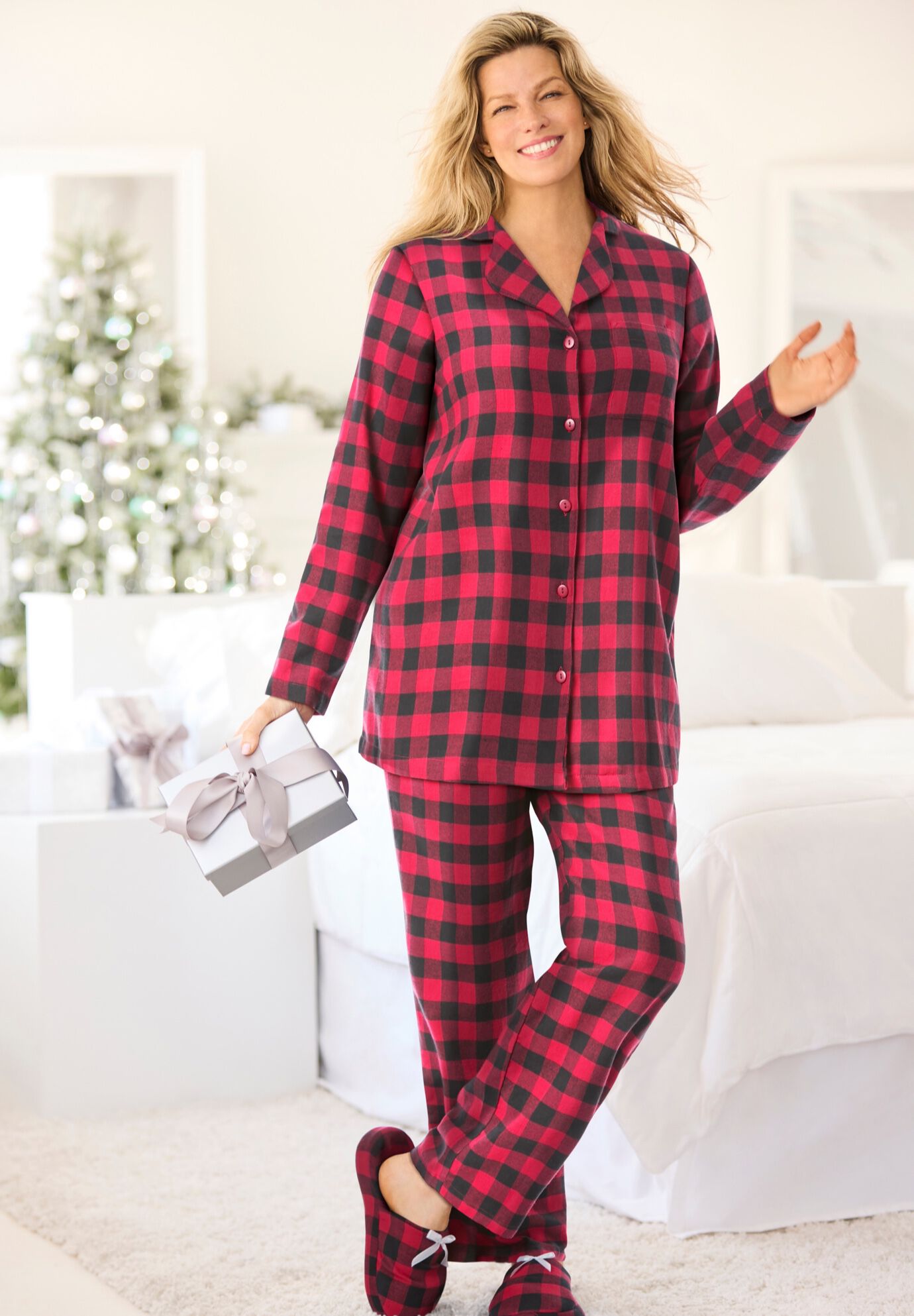 Matching Flannel PJ Set & Slipper, Red Buffalo, , hi-res image number 0