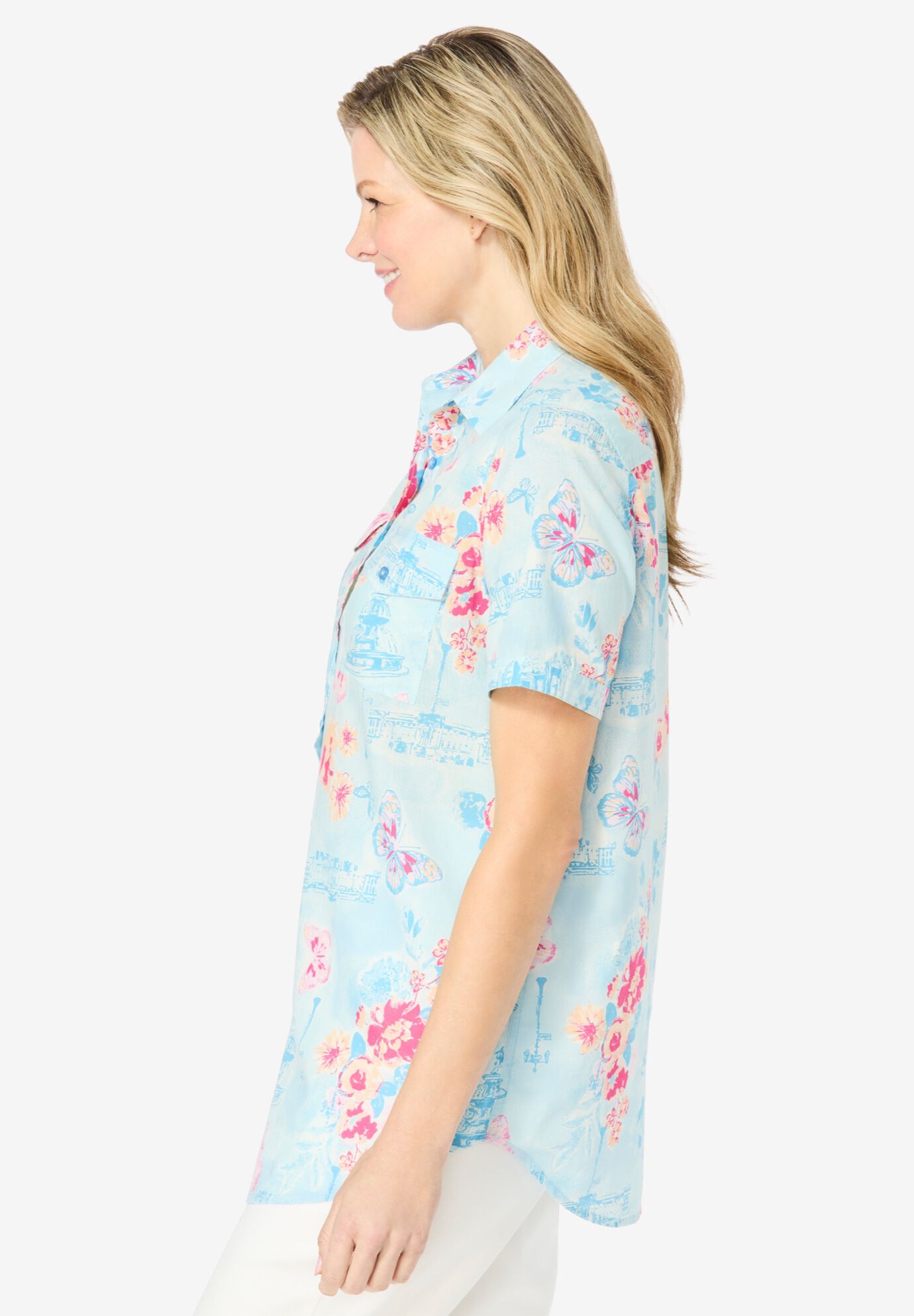 Short-Sleeve Cotton Campshirt, SKY BLUE BUTTERFLY MULTI, alternate image number 2