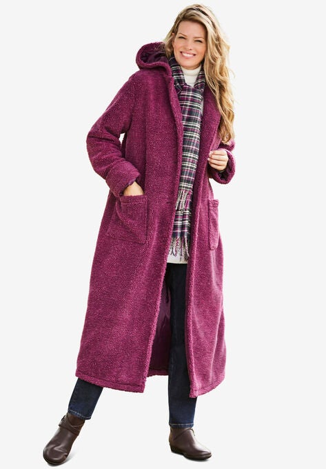 Long Hooded Berber Fleece Coat, DEEP CLARET, hi-res image number null