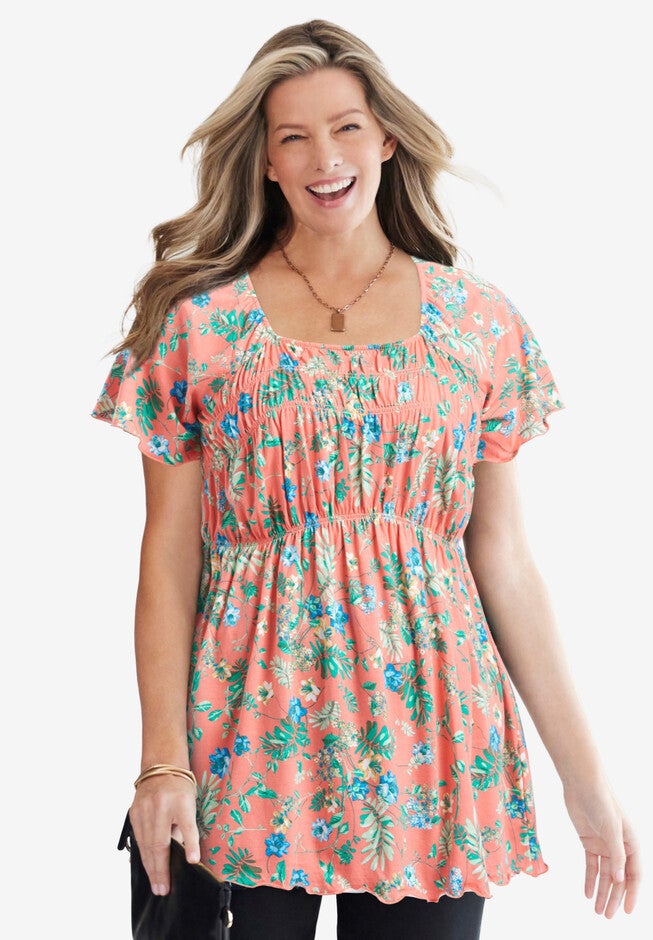 Empire Waist Tunic, SWEET CORAL PRETTY FLOWERS, hi-res image number null