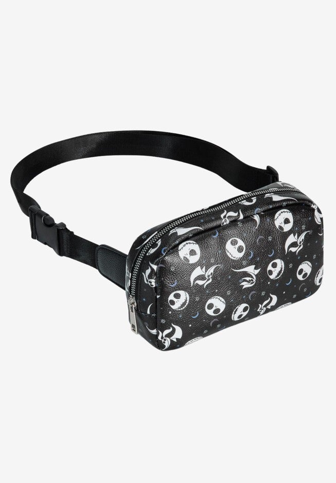 Disney Nightmare Before Christmas Jack Skellington Belt Bag Crossbody Zippered All Over Print Faux Leather, BLACK, hi-res image number 0