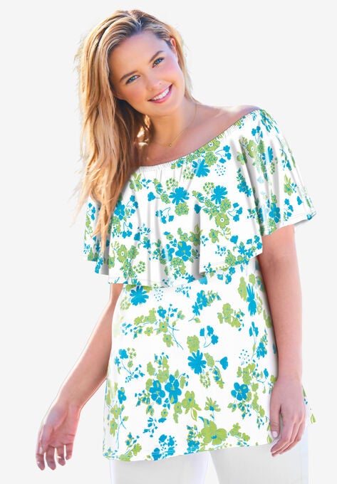 Off Shoulder Ruffle Tee, PRETTY TURQUOISE FLORAL, hi-res image number null