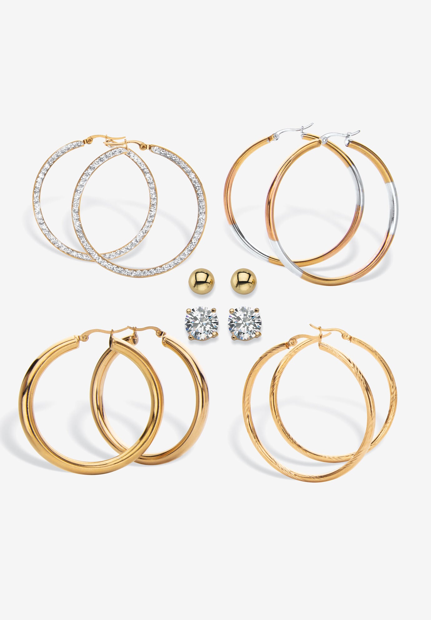 Tri Tone Gold Ion Plated Stainless Hoop & Cz Stud Earring Set (50Mm) (4 Cttw) Jewelry, CRYSTAL, hi-res image number 0