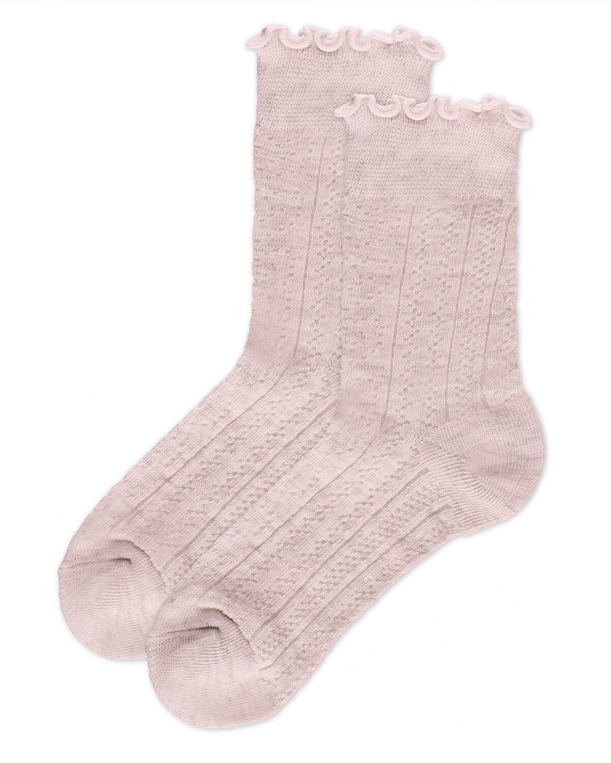 Women's Heart Ruffle Cuff Pointelle Crew Socks, PINK HEATHER, alternate image number 2