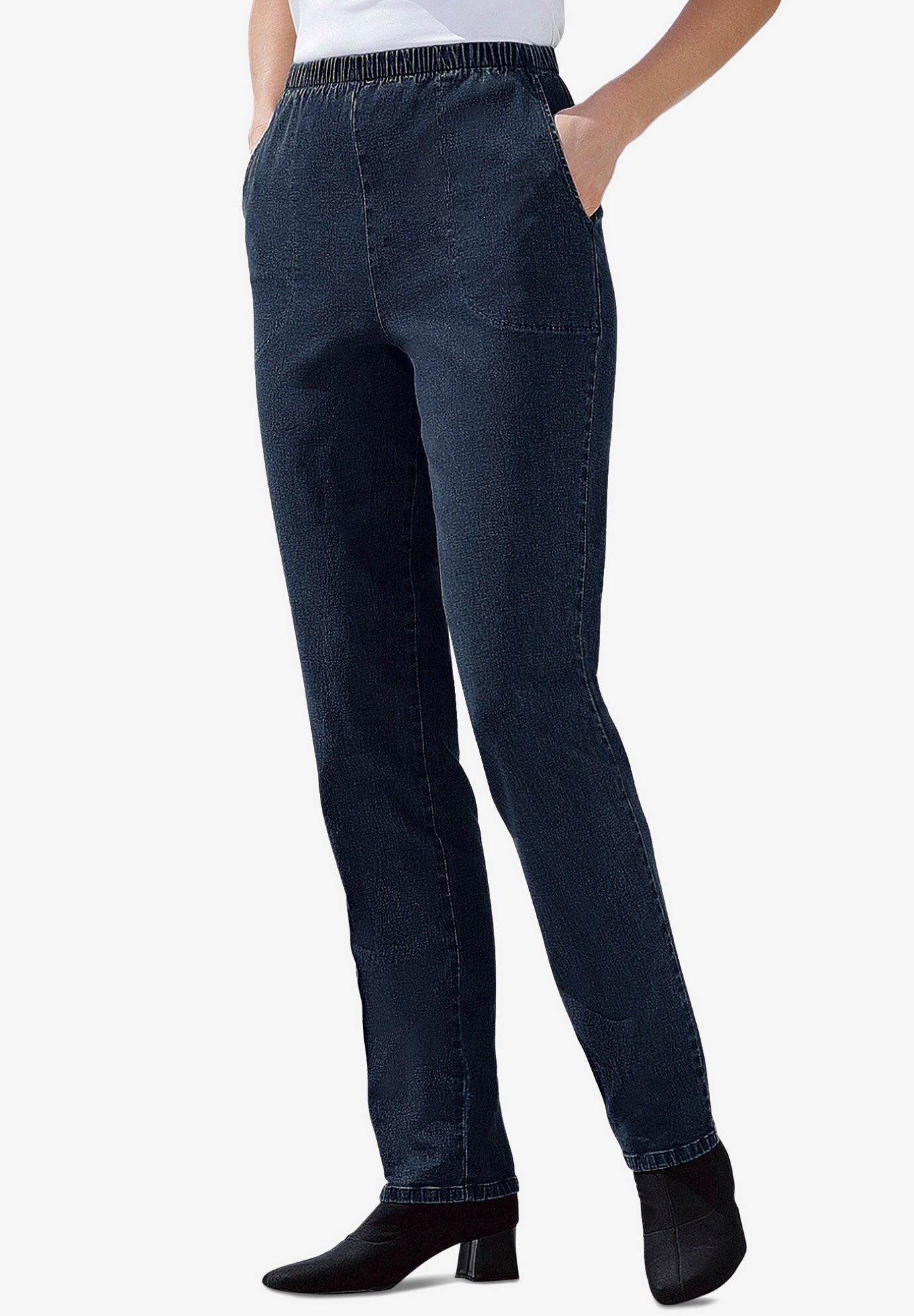 Fineline Pull-On Elastic Waist Straight-Leg Stretch Denim Jeans, INDIGO, hi-res image number 0