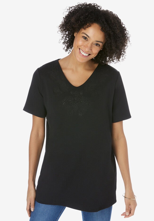Embroidered V-Neck Tee, BLACK PAISLEY EMBROIDERY, hi-res image number 0