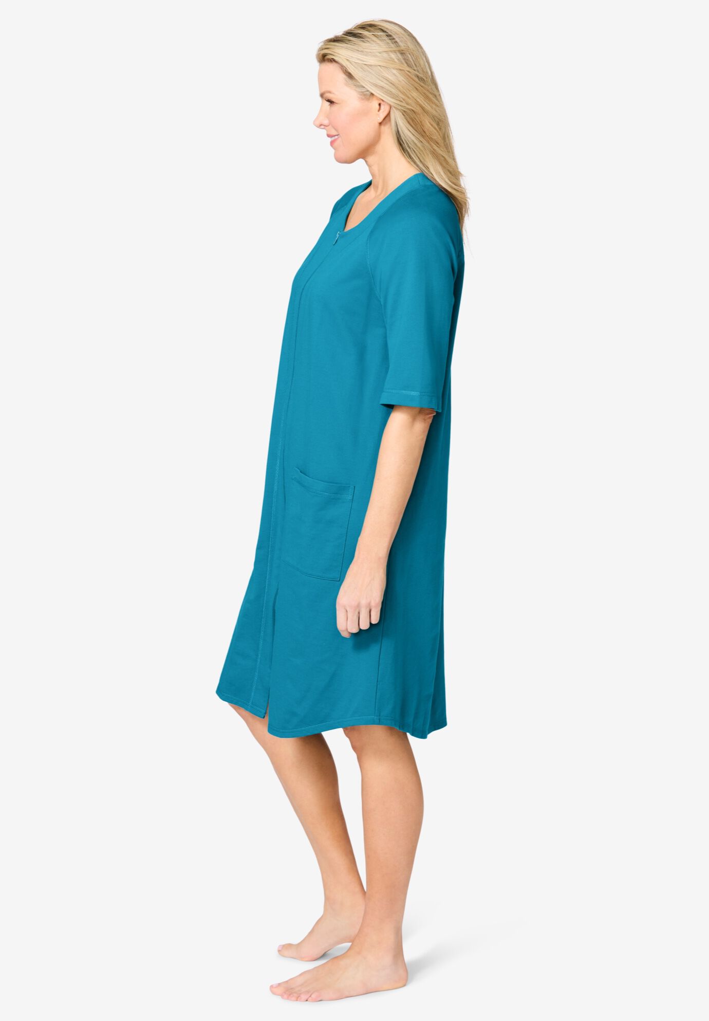Short French Terry Zip-Front Robe, DEEP TEAL, alternate image number 2