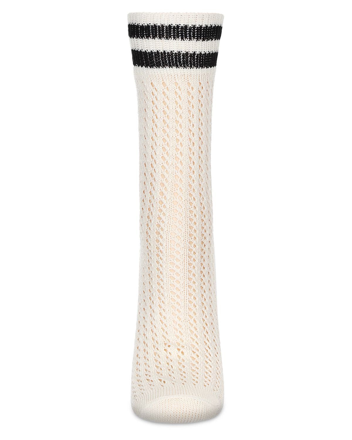 Women&#39;s Pointelle Knit Striped Crew Socks, IVORY, alternate image number 1