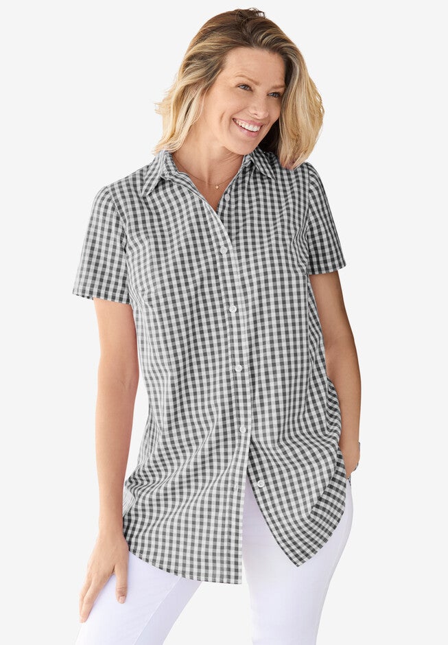 Perfect Short Sleeve Button Down Shirt, BLACK GINGHAM, hi-res image number 0