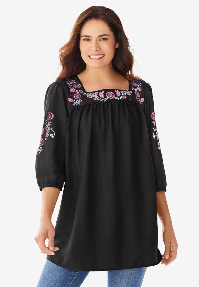 Embroidery Georgette Tunic, BLACK FLORAL VINE EMBROIDERY, hi-res image number null