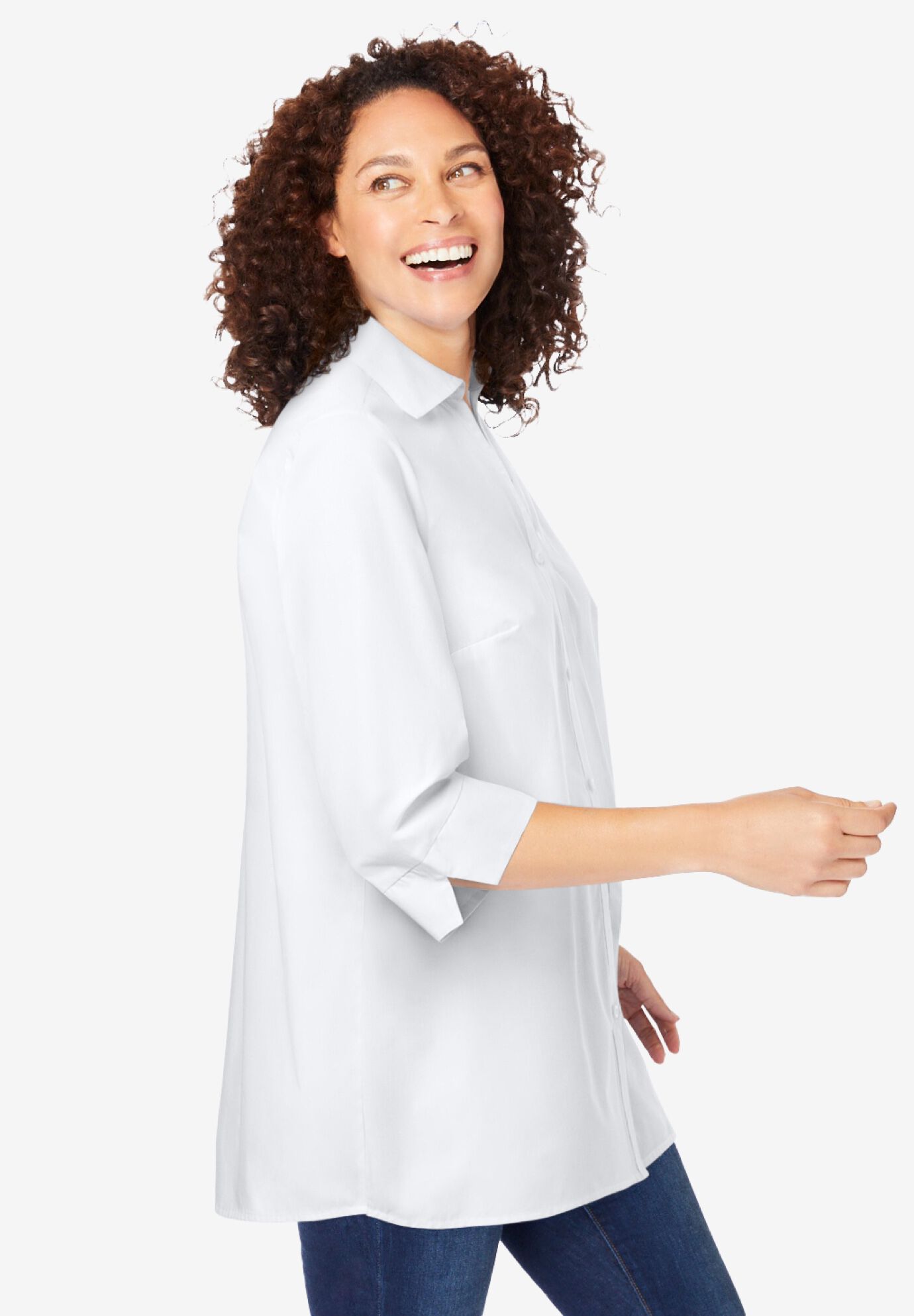 Perfect Three-Quarter Sleeve Back Pleat Shirt, WHITE, alternate image number 2