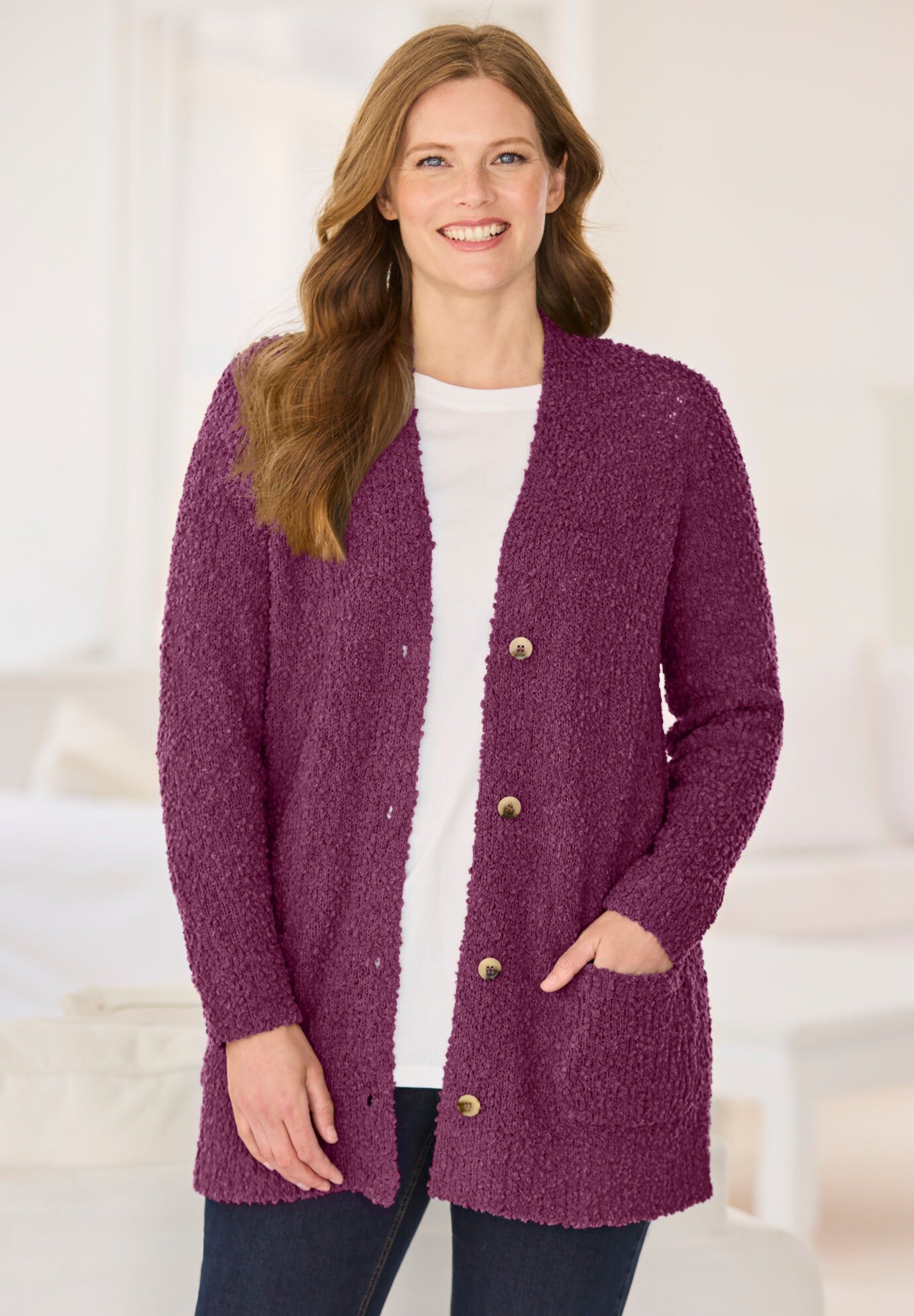 Cozy Boucle Cardigan Sweater, DEEP CLARET, hi-res image number 0