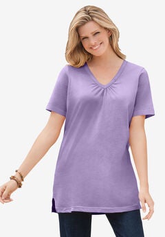 Woman Within Womens Plus Size Perfect Printed Three-Quarter Sleeve V-Neck Tee Shirt