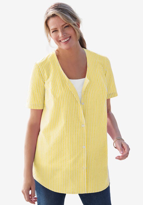 Seersucker V-Neck Shirt, PRIMROSE YELLOW POP STRIPE, hi-res image number null