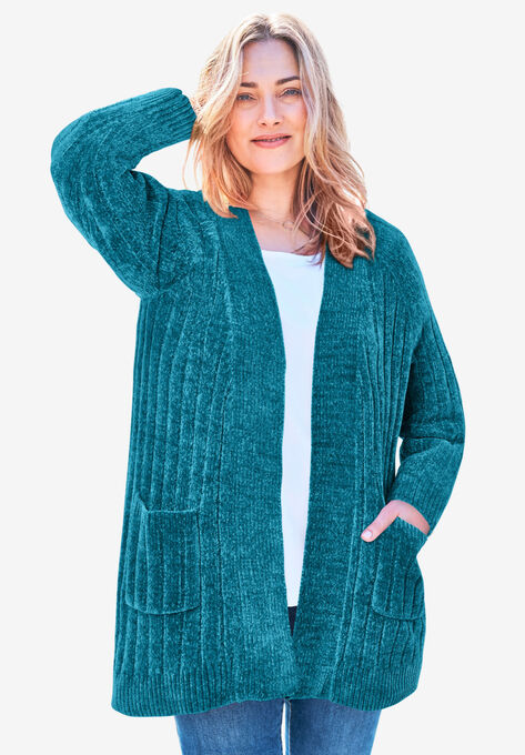 Open Front Chenille Cardigan, DEEP TEAL, hi-res image number null