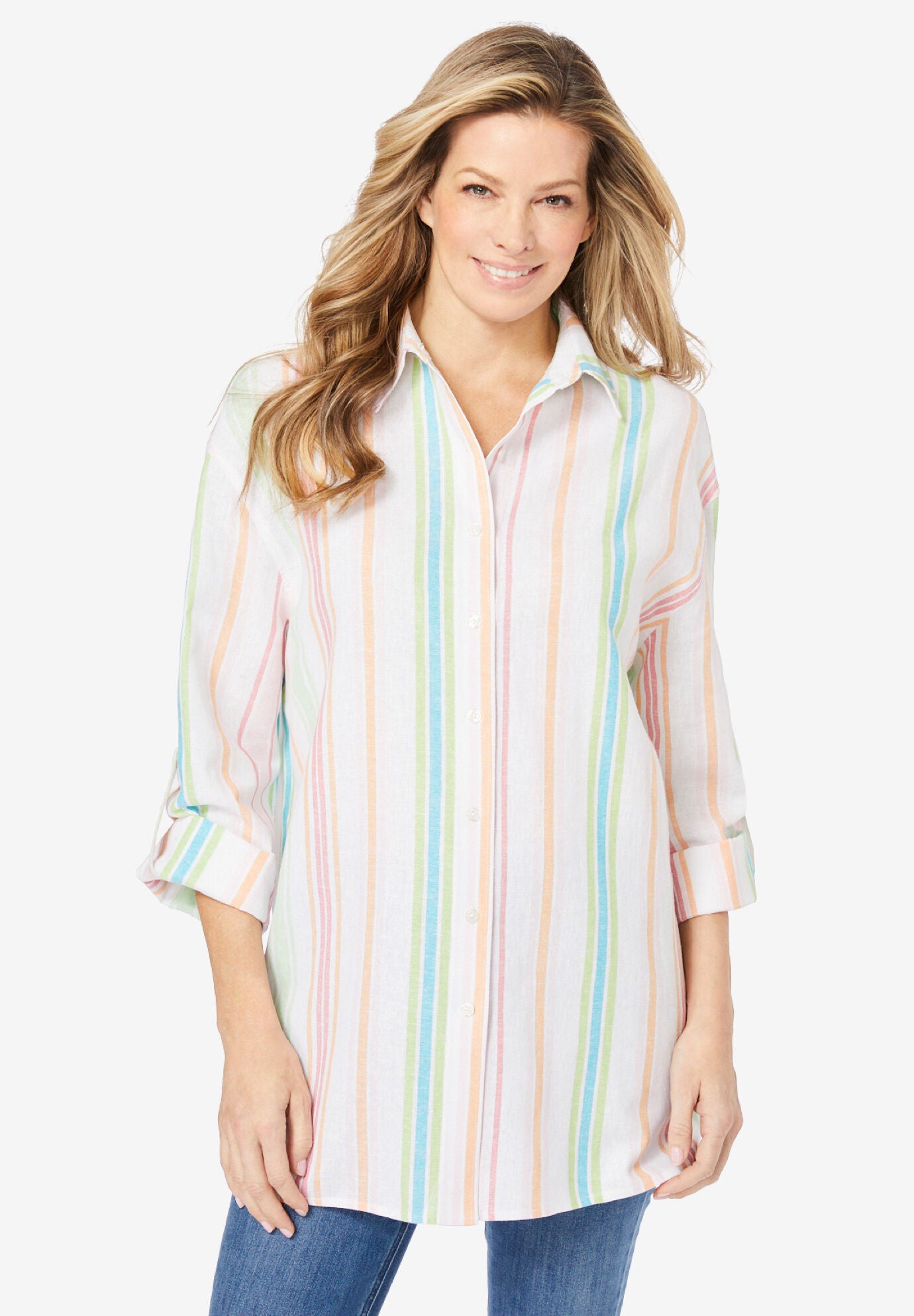 Linen Button-Front Tunic, MULTI SUMMER STRIPE, hi-res image number 0