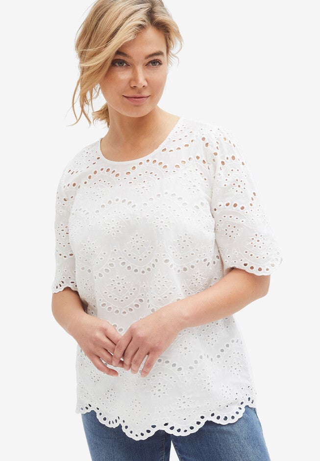 Scalloped Hem Eyelet Blouse, WHITE, hi-res image number null
