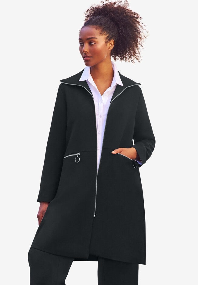 Zip-Front A-Line Coat With Back Inverted Pleat, BLACK, hi-res image number null