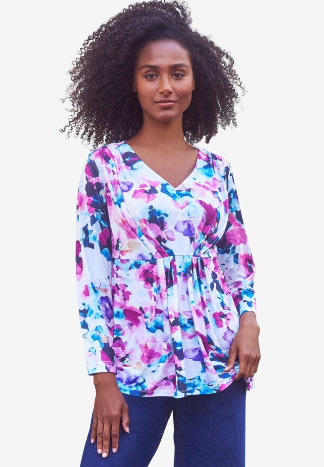 V-Neck Pleated Bodice Knit Tunic, MULTI FLORAL, hi-res image number 0