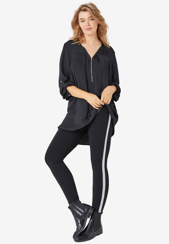 Glitter Side Stripe Ponte Leggings, BLACK SILVER, hi-res image number null