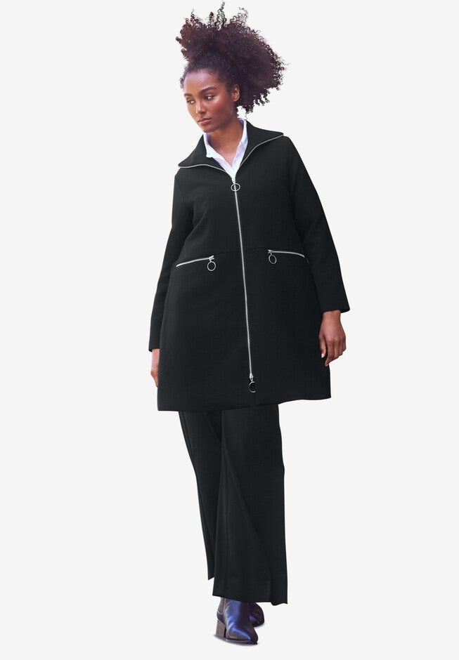 Zip-Front A-Line Coat With Back Inverted Pleat, , alternate image number null