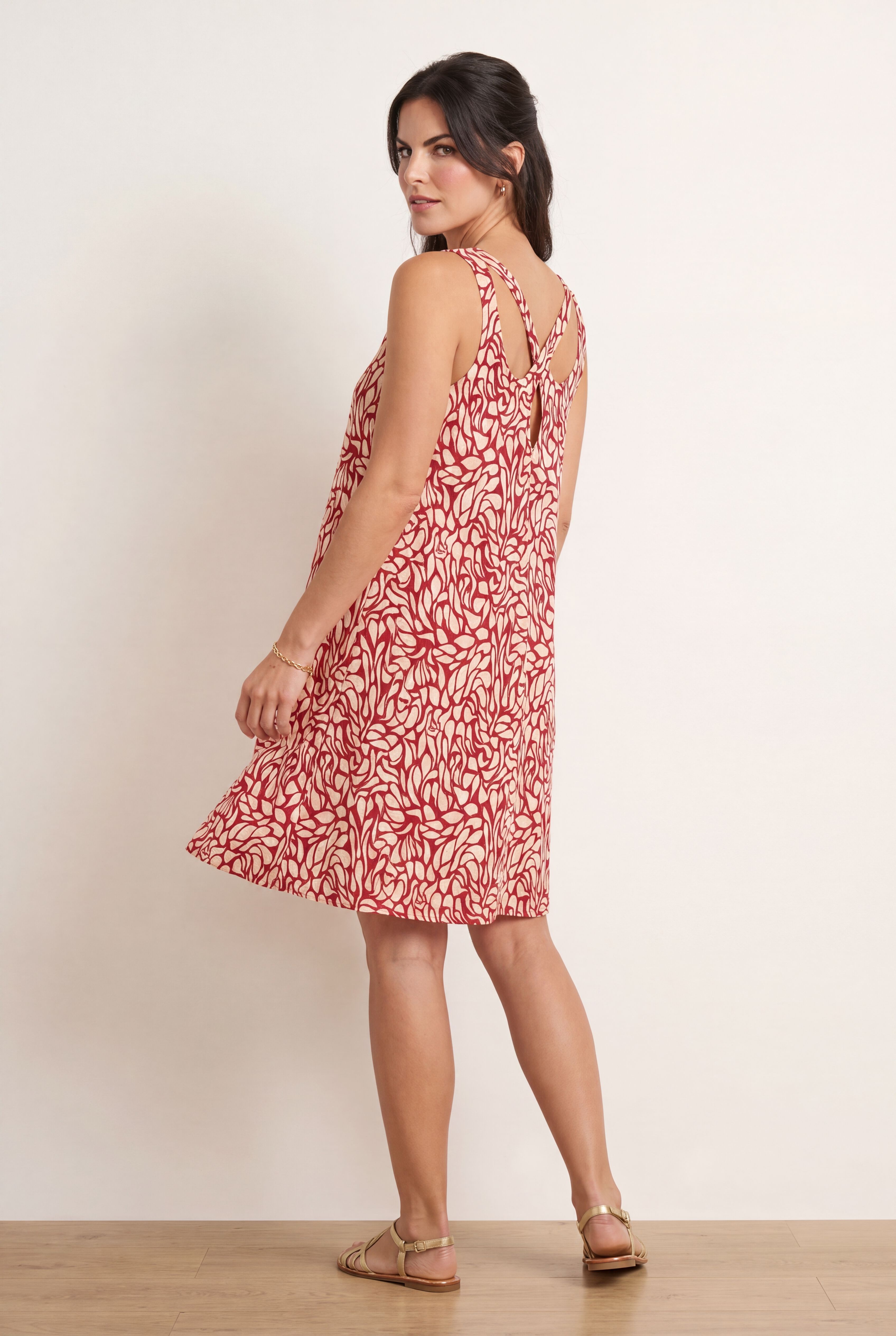 Stretch Jersey Knit A-Line Crossover Back Tank Short Dress, RUBY RED PRINT, alternate image number 2