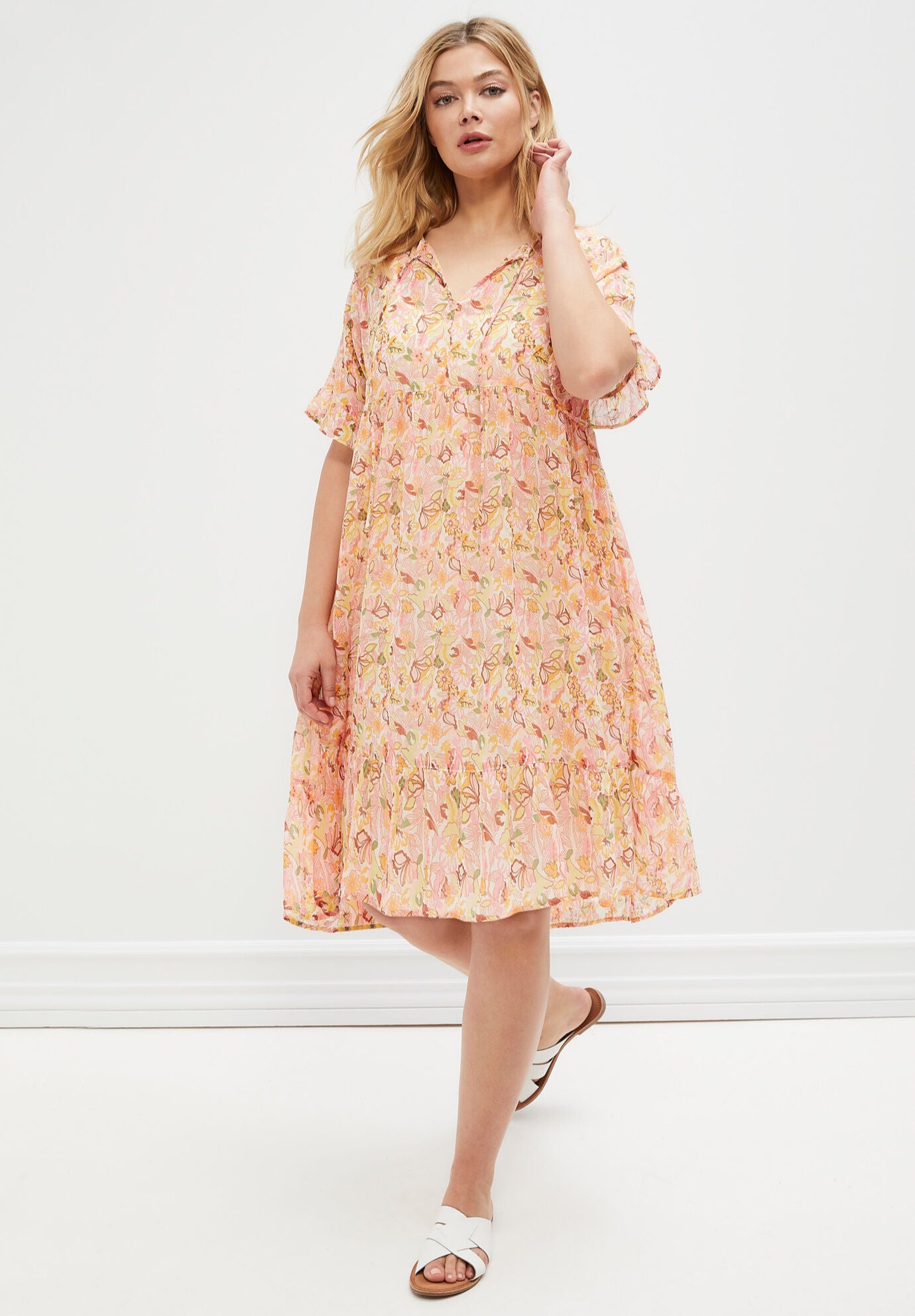 Sheer Ruffle Trim Dress With Keyhole Neckline, , alternate image number 2