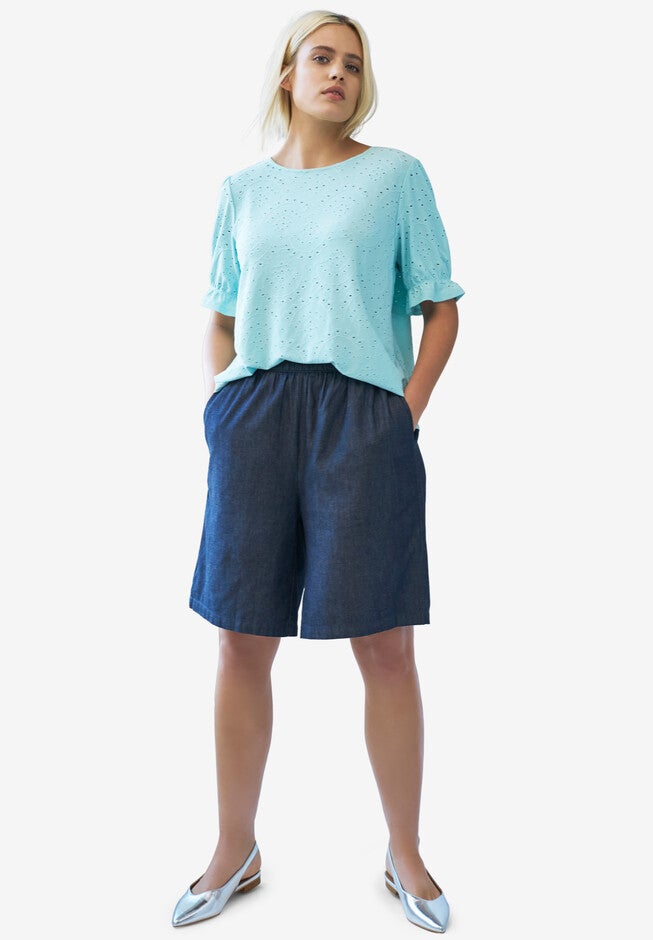 Elastic Waist Pull-On Denim Shorts, DARK WASH, hi-res image number null