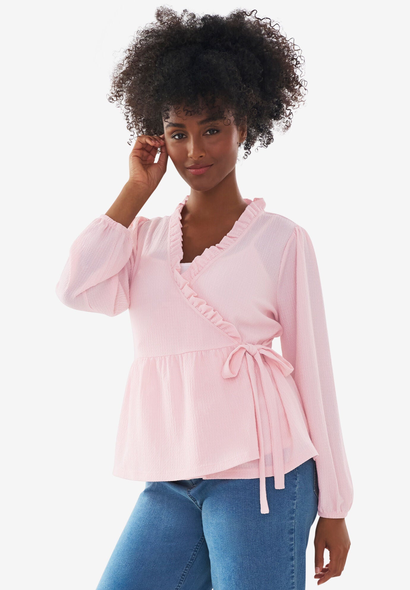 Tie Wrap Peplum Textured Knit Top, MISTY ROSE, hi-res image number 0