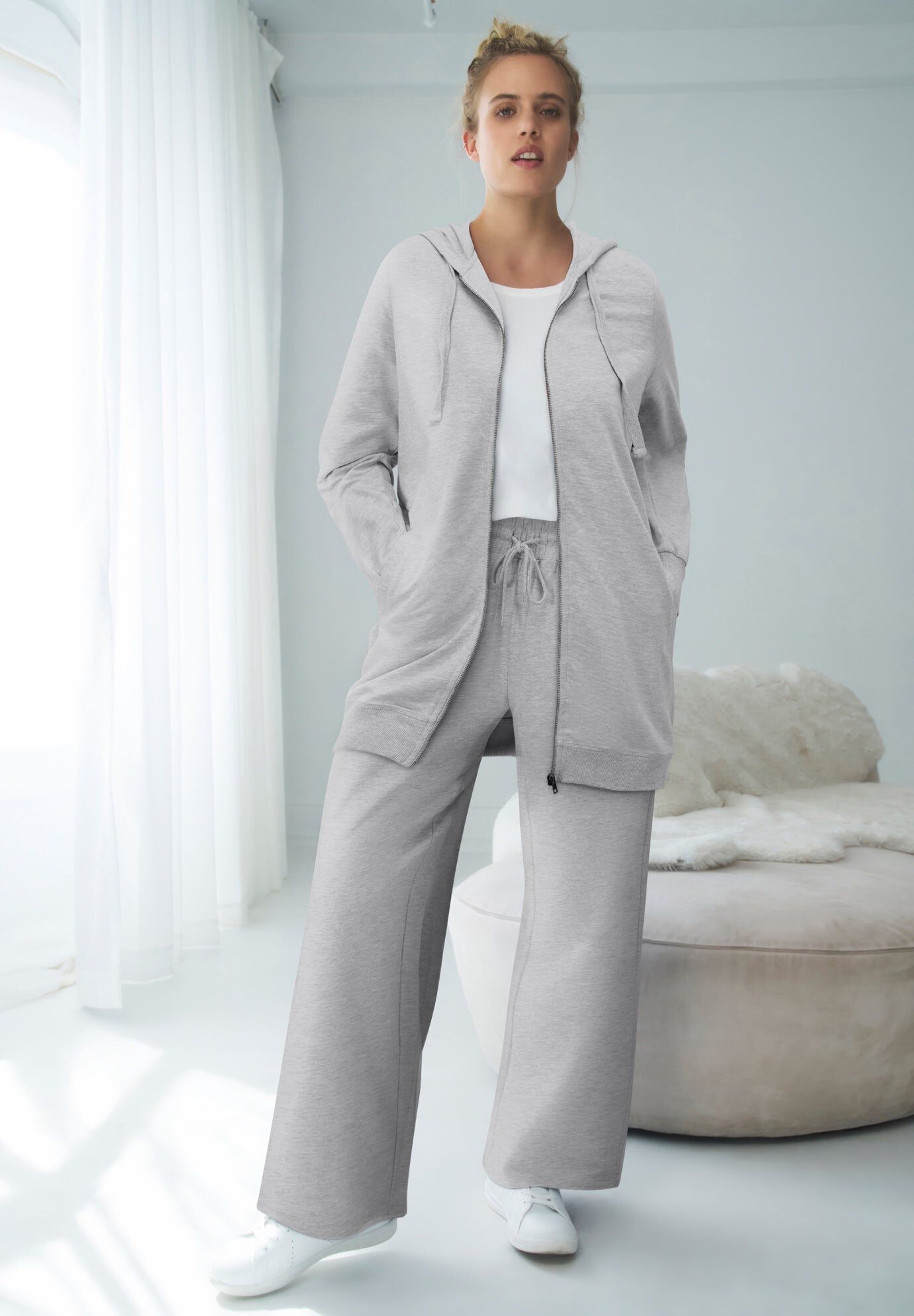 French Terry Wide Leg Sweatpants With Drawstring Elastic Waistband