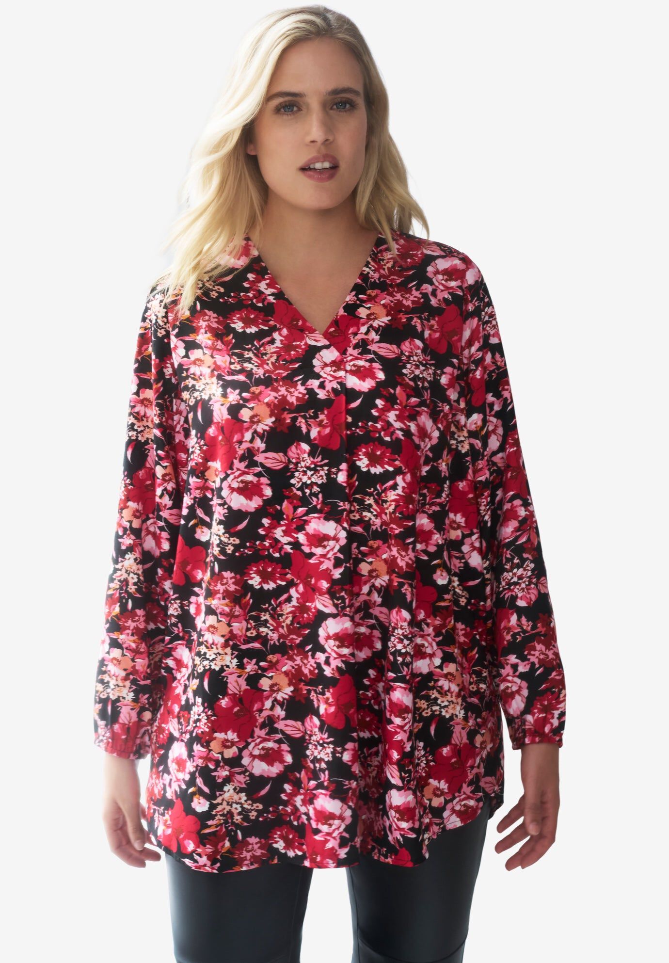 Long Sleeve Inverted Pleat Tunic, BLACK RED FLORAL, hi-res image number 0
