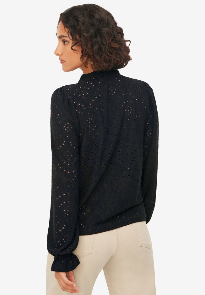 Long Sleeve Knit Eyelet Top With Keyhole Neckline, , on-hover image number null