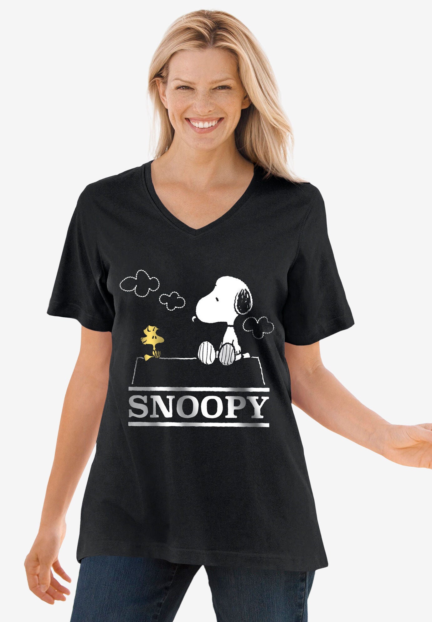 Peanuts V-Neck Tee, BLACK SNOOPY, hi-res image number 0