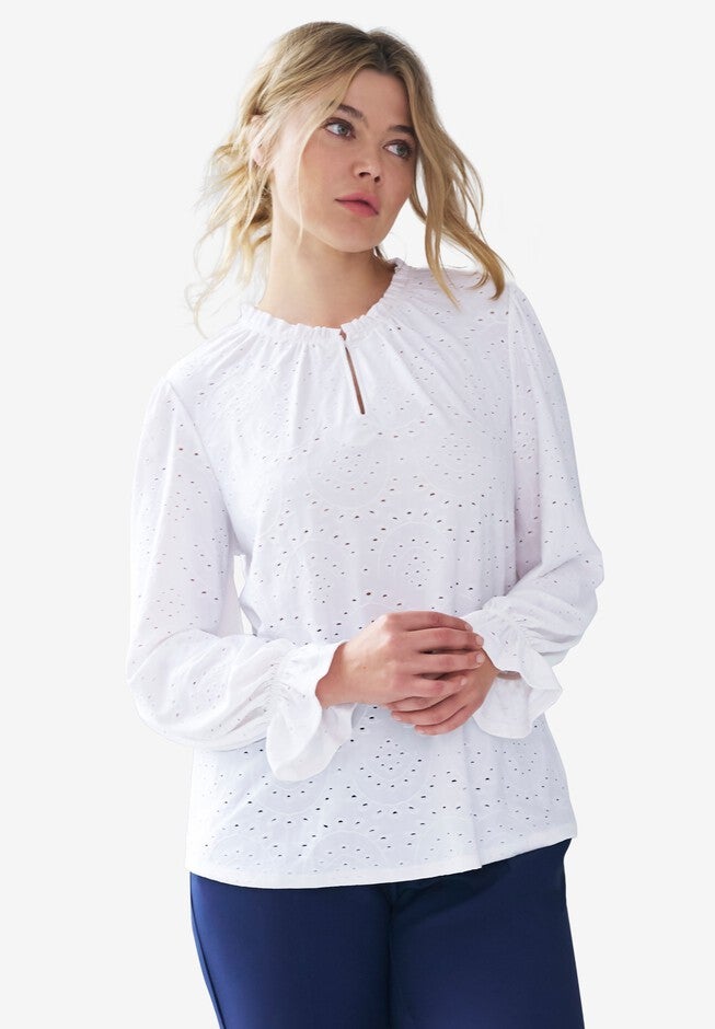 Long Sleeve Knit Eyelet Top With Keyhole Neckline, , alternate image number null