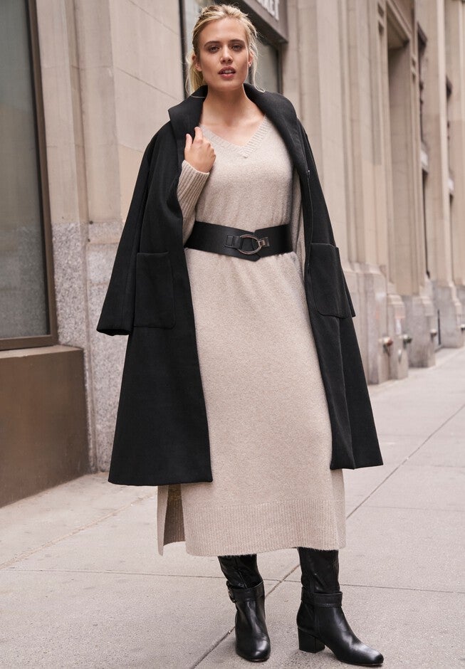 V-Neck Midi Sweater Dress With Side Slits, , alternate image number null