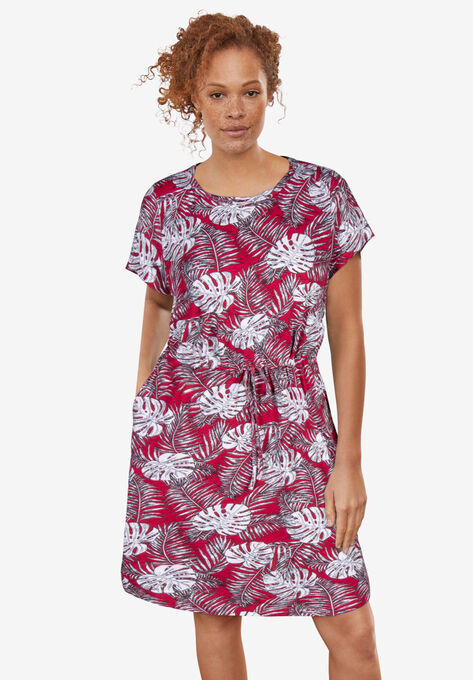 Knit Drawstring Dress, BERRY RED FERN PRINT, hi-res image number null