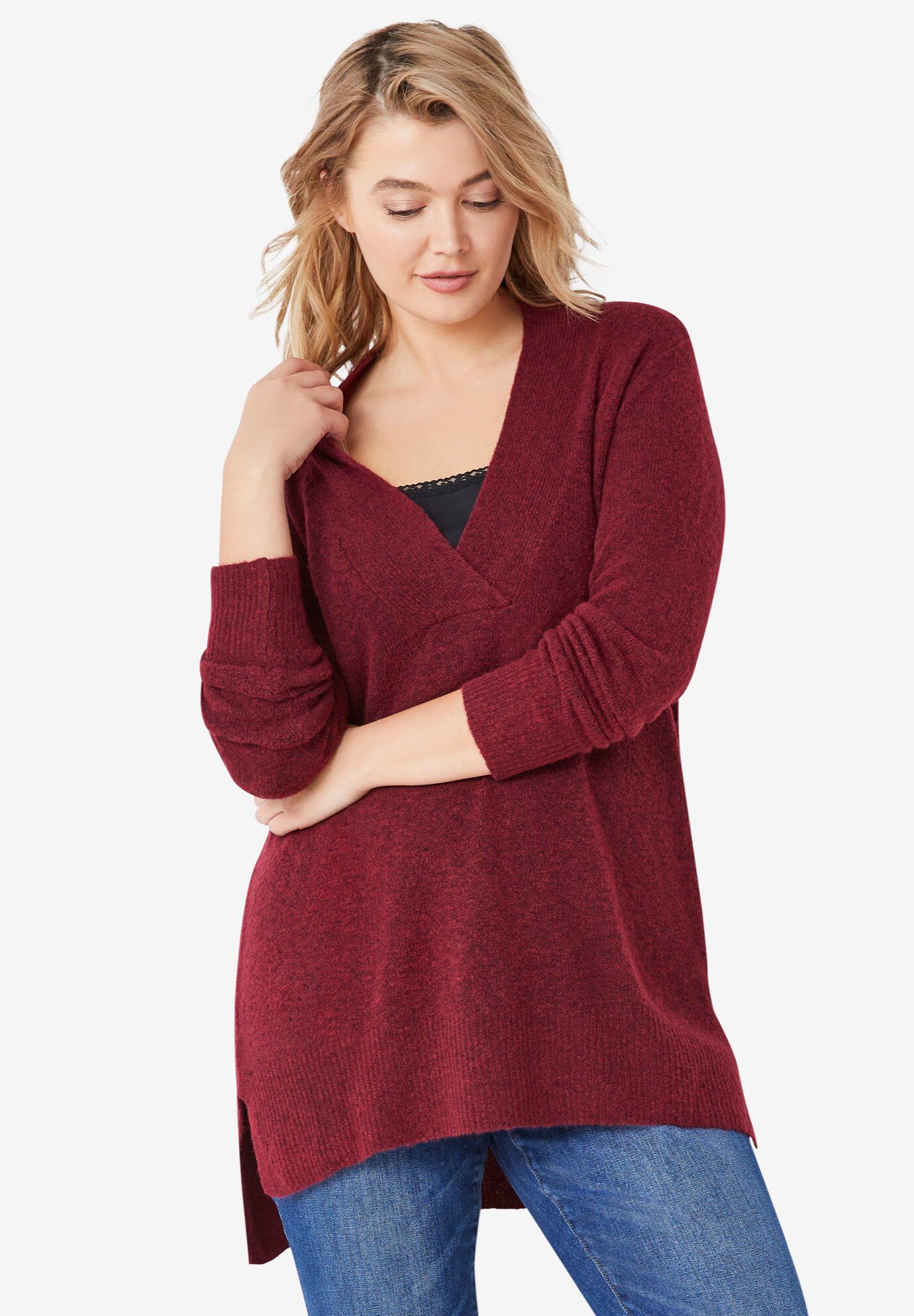 Hi-Lo V-Neck Pullover, DEEP BURGUNDY, hi-res image number 0