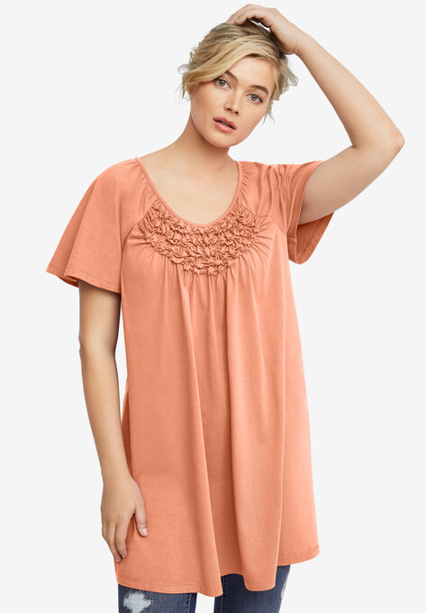 Smocked Scoop-Neck Tunic, APRICOT FLOWER, hi-res image number null