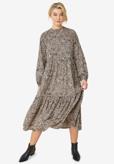 Blouson Sleeve Tiered Dress, ANIMAL PRINT, hi-res image number null