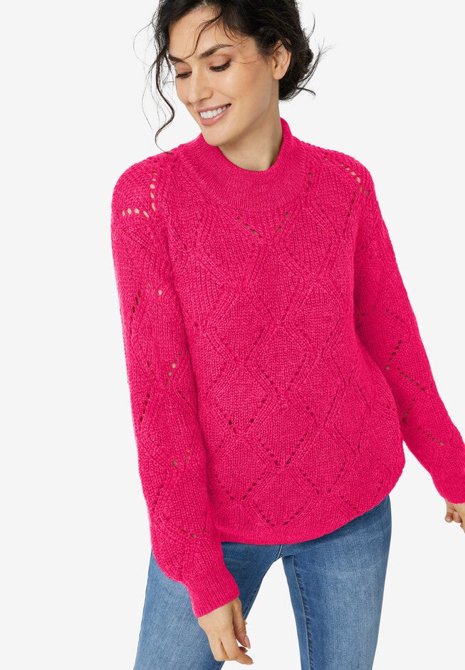 Pointelle Mockneck Pullover, PINK RASPBERRY, hi-res image number 0