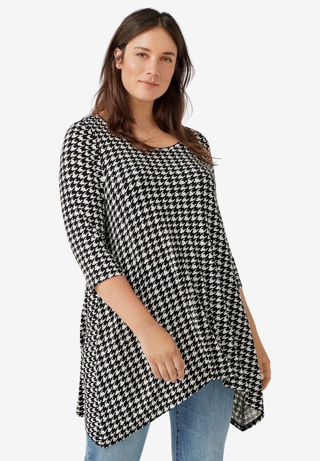 Printed Point-Hem Tunic, BLACK WHITE HOUNDSTOOTH, hi-res image number null