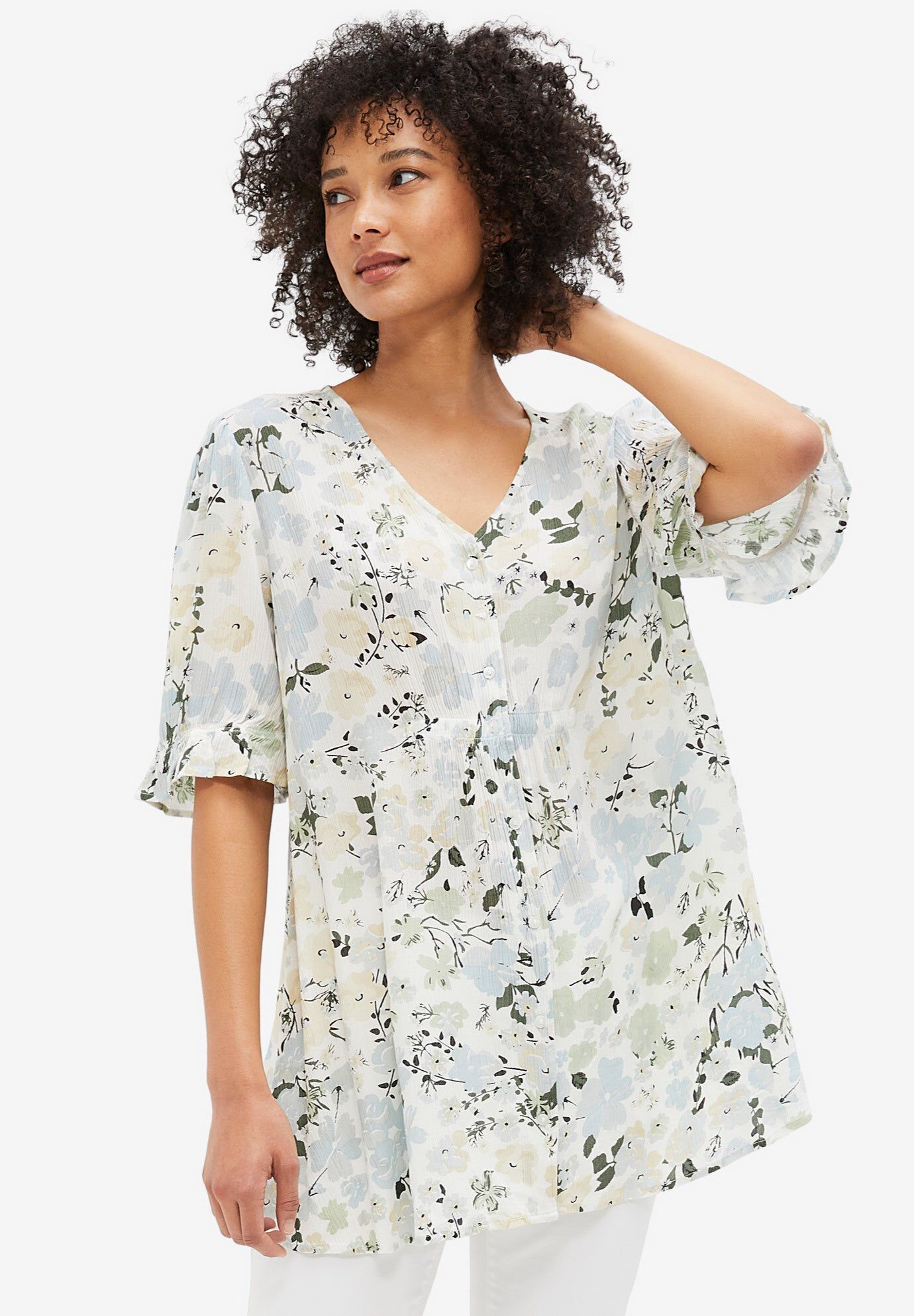 Button Front Crinkle Tunic | OneStopPlus
