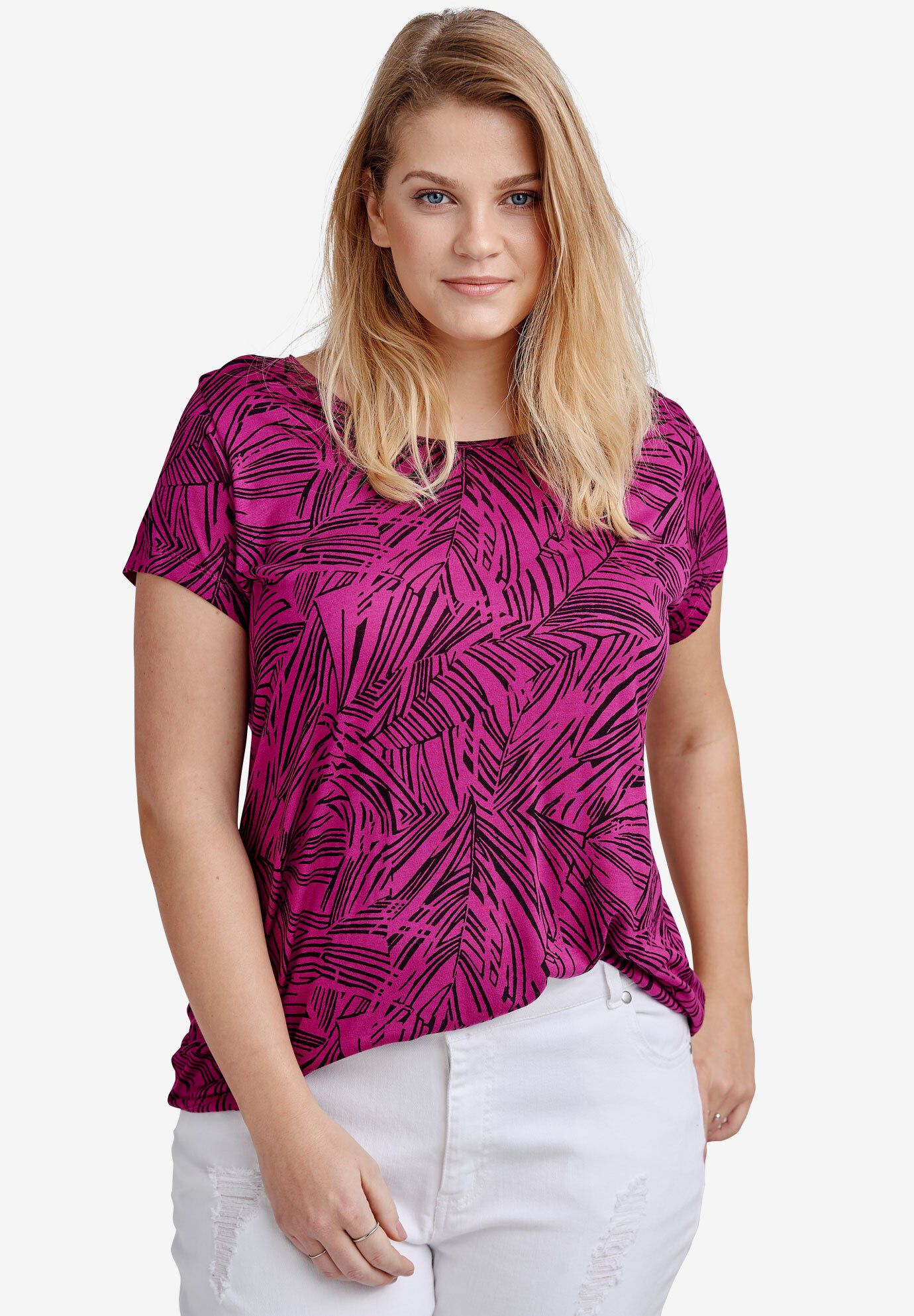 Printed cap sleeve tee, RUBY BERRY FERN PRINT, hi-res image number 0