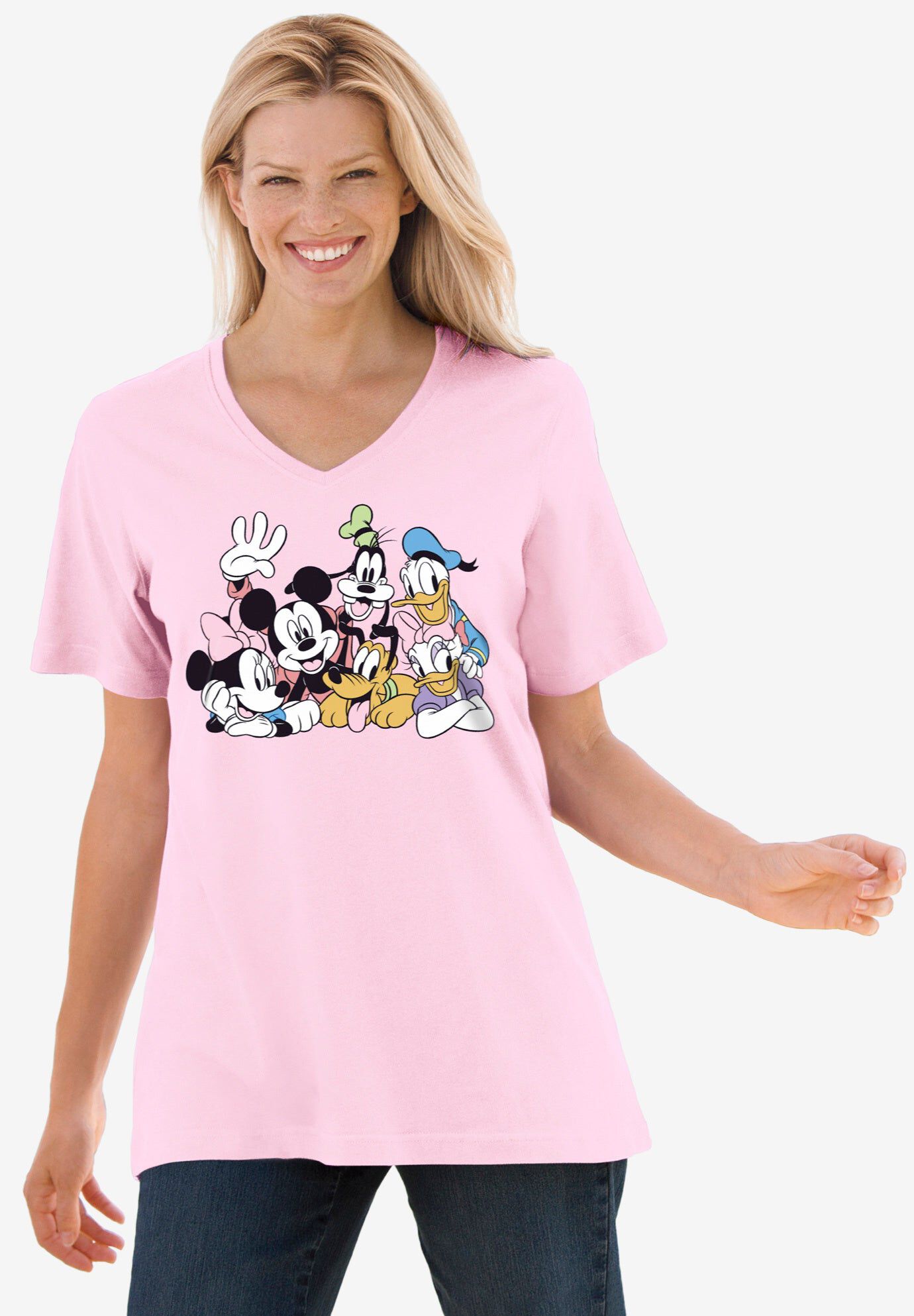 Disney Women's Short Sleeve V-Neck Tee Pink Mickey Mouse and Friends, PINK DISNEY GROUP, hi-res image number 0